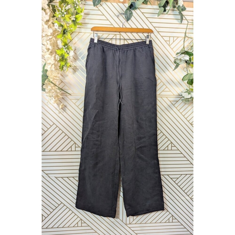 Zara Black Pants High Rise Wide Leg Drawstring Pull On Packets Viscose Sz LARGE